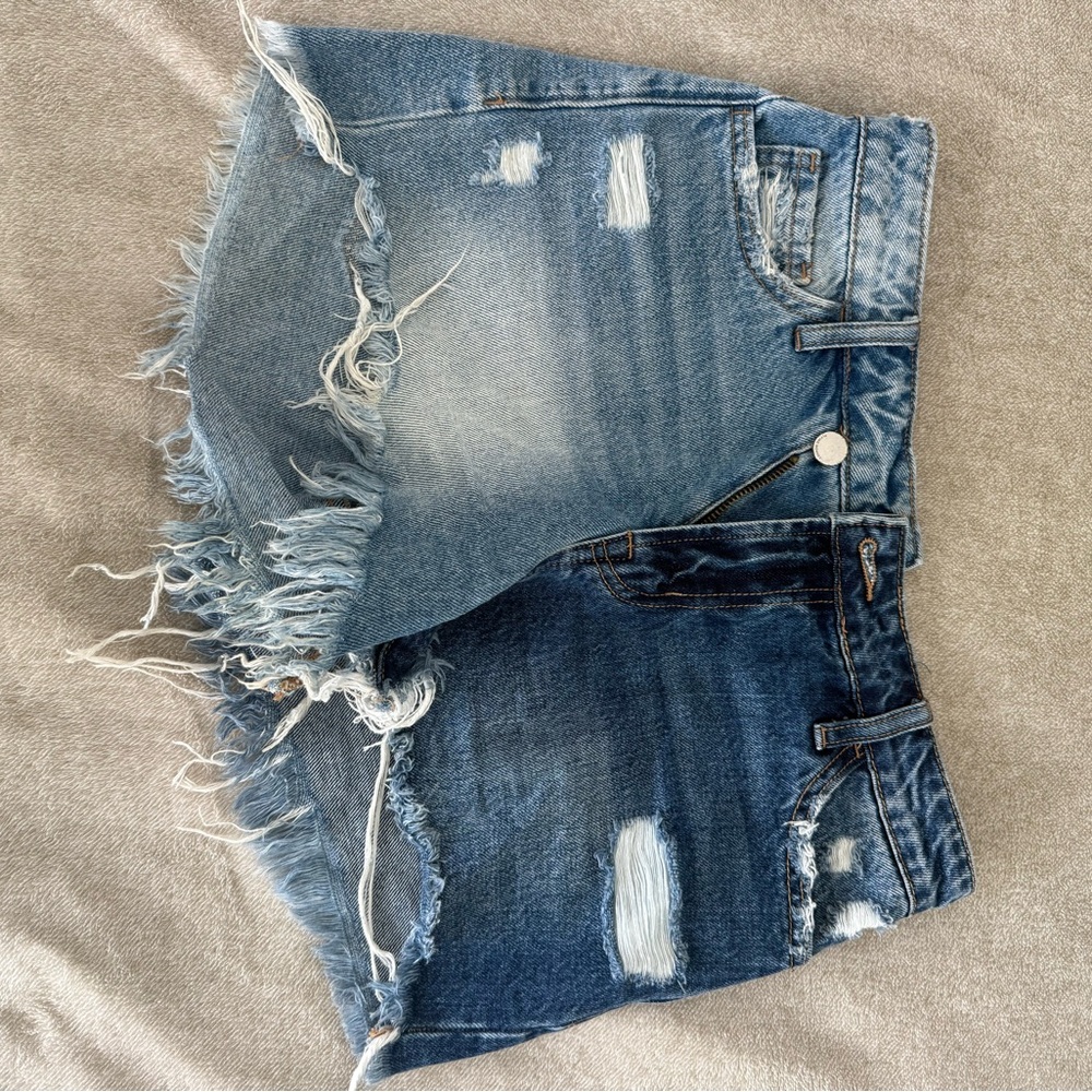 Distressed High Rise Denim Cutoff Shorts - Two Tone